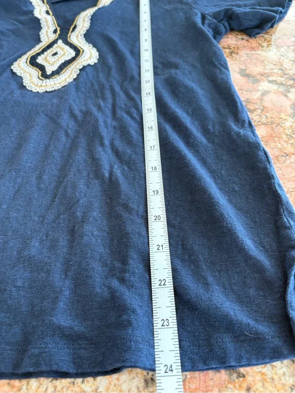 Tory Burch Navy Short-Sleeve Top with White Embroidered V-Trim
